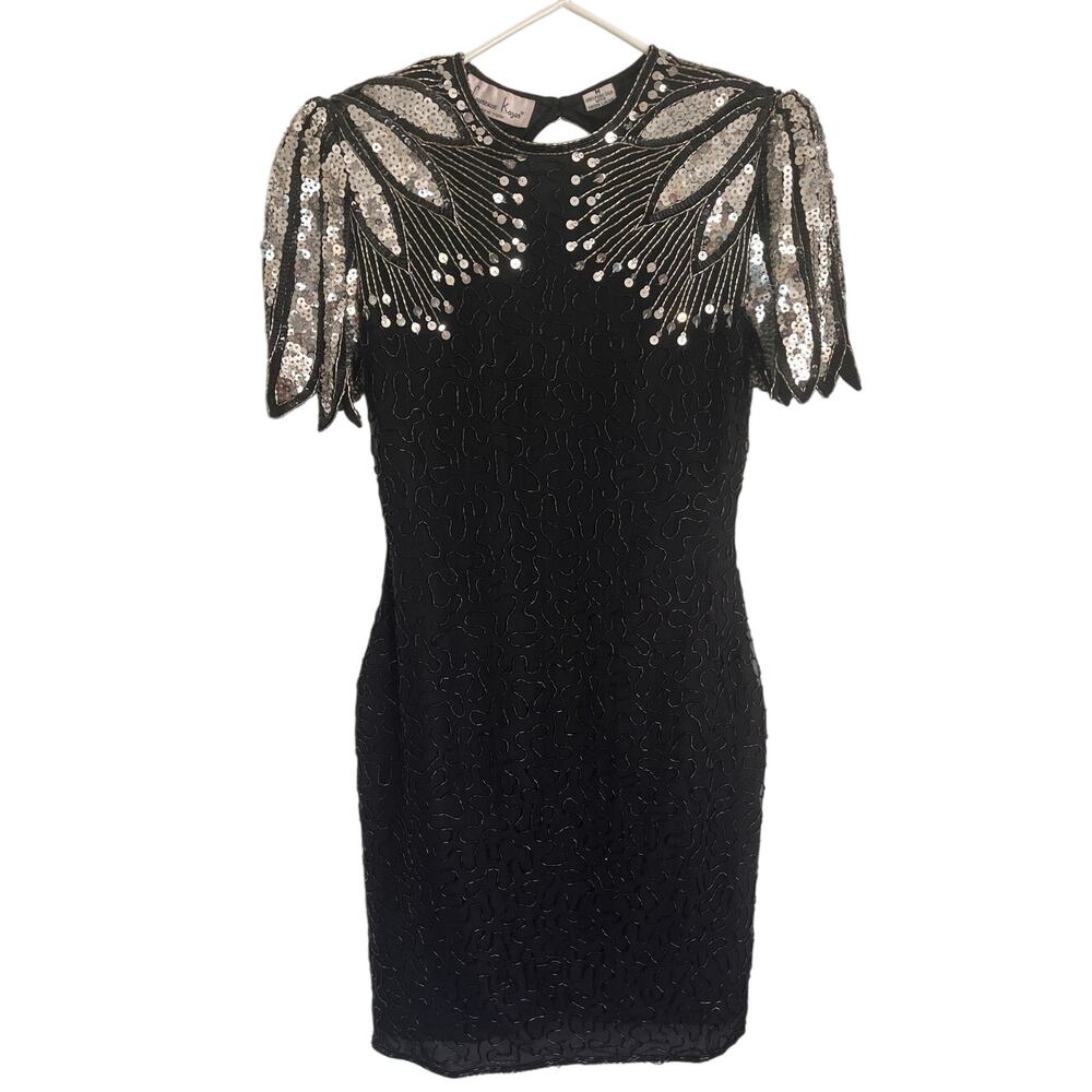 Vintage Silk Beaded Black Silver Costume Mini Dress Size M